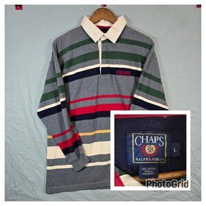 Vintage Chaps Ralph Lauren 90s Mens Large 100% Cotton Rugby Gray Striped Polo